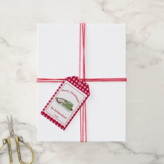 Funny Frohe Weihnachten! Cat vs Tree Red Gingham Geschenkanhänger (Mit Garn)