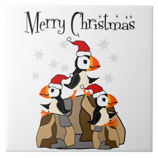 Funny Frohe Weihnachten Puffin Vögel und Schnee Fliese (Vorderseite)
