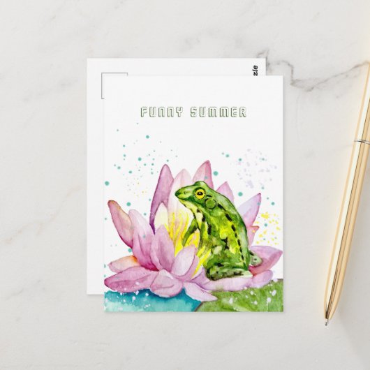 Funny Frosch auf einem Lotus Postkarte (Vorderseite/Rückseite Beispiel)