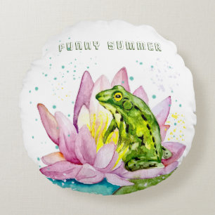 Funny Frosch auf einem Lotus Rundes Kissen