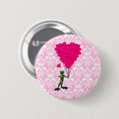 Funny Frosch Cartoon & rosa Herz auf Damast Button (Vorne & Hinten)