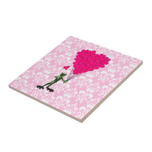 Funny Frosch Cartoon & rosa Herz auf Damast Fliese
