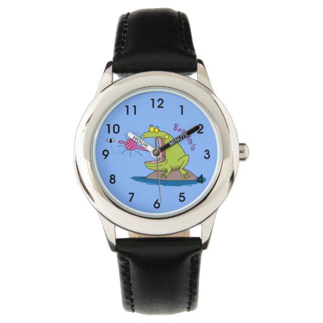 Funny Frosch und Fliege Cartoon Armbanduhr (Vorderseite)