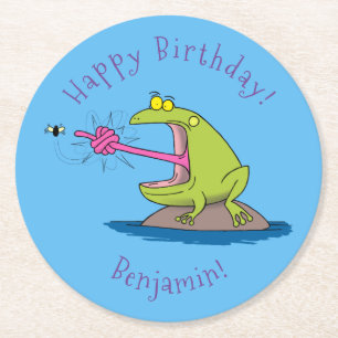Funny Frosch und Fliege Cartoon Runder Pappuntersetzer