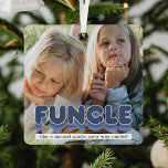 Funny Funcle Oncle Foto Weihnachtsmetallschmuck Ornament Aus Metall<br><div class="desc">Ein zauberhaftes Weihnachtsschmuck mit einem Bild auf beiden Seiten,  das Sie durch Ihr eigenes ersetzen können,  und das niedliche Sprichwort "Funktioniert,  wie ein normaler Onkel,  nur viel cooler".</div>