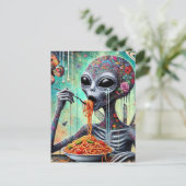 Funny Funky Alien Eating Spaghetti Collage Postkarte (Stehend Vorderseite)