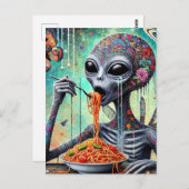 Funny Funky Alien Eating Spaghetti Collage Postkarte (Vorne/Hinten)