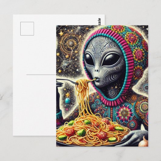 Funny Funky Alien Eating Spaghetti Postkarte (Vorne/Hinten)