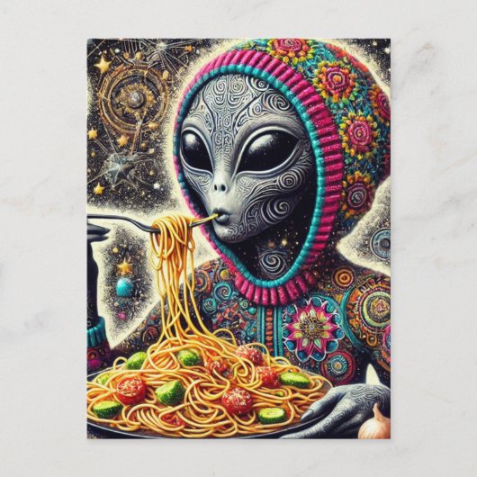 Funny Funky Alien Eating Spaghetti Postkarte (Vorderseite)