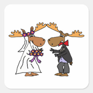 Funny Funky Moose Wedding Cartoon Art Quadratischer Aufkleber