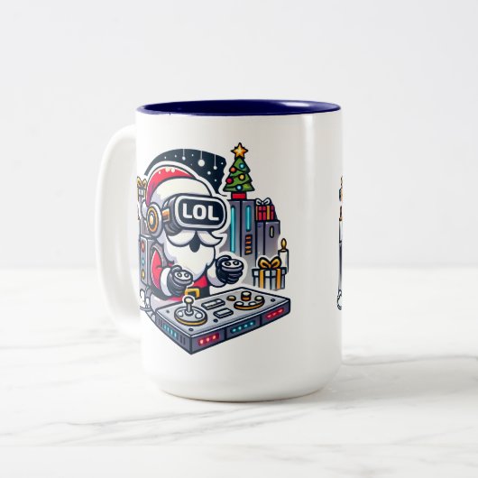 Funny Futuristic Santa mit VR Goggles LOL Zweifarbige Tasse (Vorderseite Links)