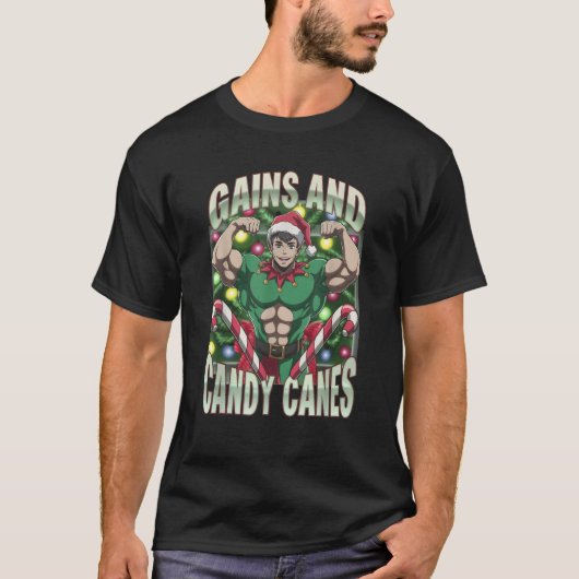 Funny Gains and Candy Canes Christmas Elf Gym Work T-Shirt (Vorderseite)