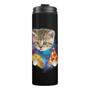 Funny Galaxy Cat Shirt _ Space Cat essen Pizza und Thermosbecher