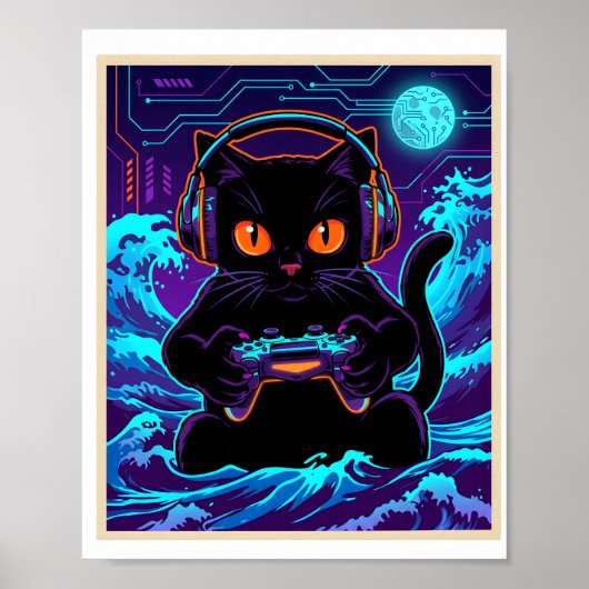 Funny Gamer Cat Neon Cyber Gaming Night Retro Art Poster (Vorne)