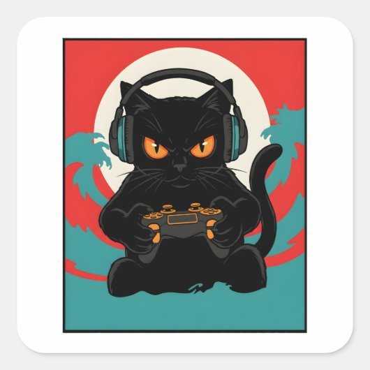 Funny Gamer Cat Retro Controller Headphones Night Quadratischer Aufkleber (Vorderseite)
