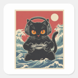 Funny Gamer Cat Retro Controller Headphones Night Quadratischer Aufkleber