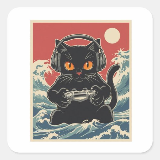 Funny Gamer Cat Retro Controller Headphones Night Quadratischer Aufkleber (Vorderseite)