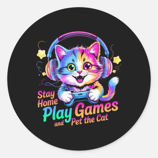 Funny Gamer Cat Stay Home1  Runder Aufkleber (Vorderseite)