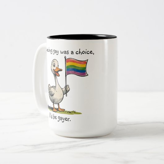 Funny Gay Duck Goose Rainbow Flag Zweifarbige Tasse (Vorderseite Links)