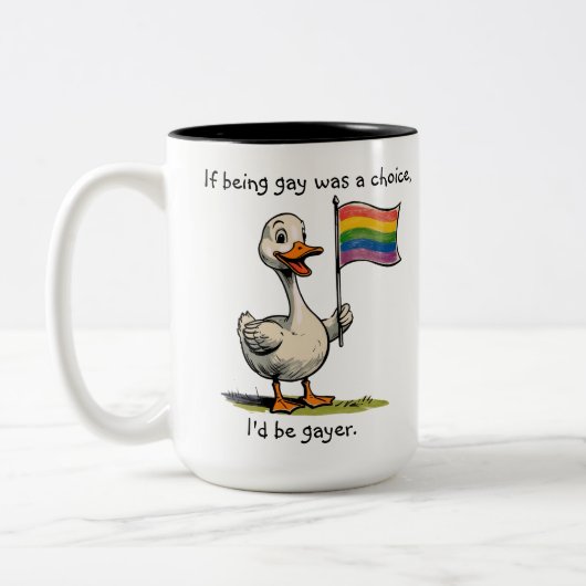Funny Gay Duck Goose Rainbow Flag Zweifarbige Tasse (Links)