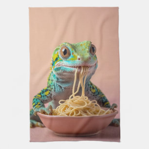 Funny Gecko Eating Spaghetti Geschirrtuch