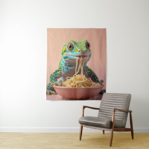 Funny Gecko Eating Spaghetti Wandteppich