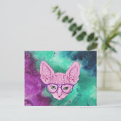 Funny Geeky Cat on Watercolor Backgroun Postkarte (Stehend Vorderseite)