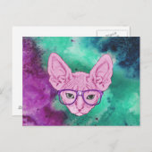Funny Geeky Cat on Watercolor Backgroun Postkarte (Vorne/Hinten)