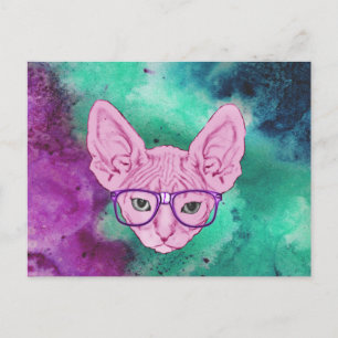 Funny Geeky Cat on Watercolor Backgroun Postkarte