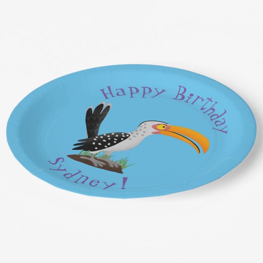 Funny gelb schnabeliger Hornbill personalisierter Pappteller (Schrägansicht)