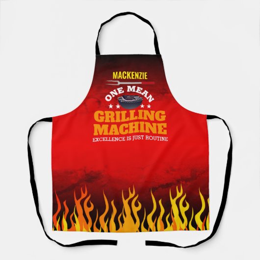 Funny Gemein Grilling Machine mit Name und Flamme Schürze (Vorderseite)