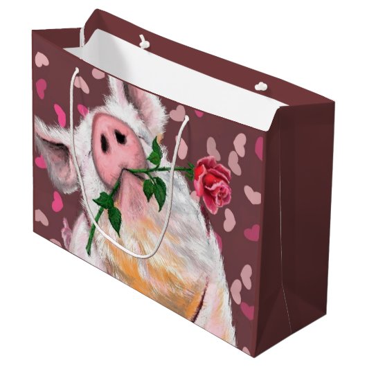 Funny Gentleman Pig mit Rose Gift Bag Große Geschenktüte (Vorderseite Schrägansicht)