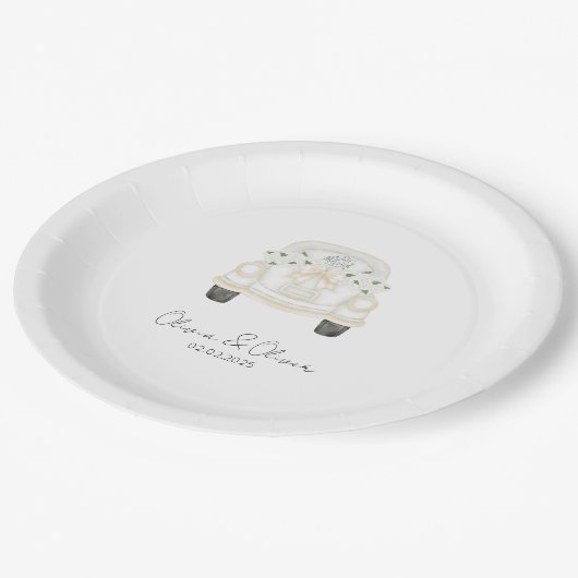 Funny gerade verheiratet Auto Brauch Hochzeit Pappteller (Schrägansicht)