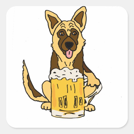 Funny German Shepherd Dog Drinks Bierkunst Quadratischer Aufkleber (Vorderseite)