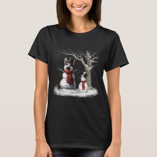 Funny German Shepherd Dog In The Snow Tree Christm T-Shirt (Vorderseite)