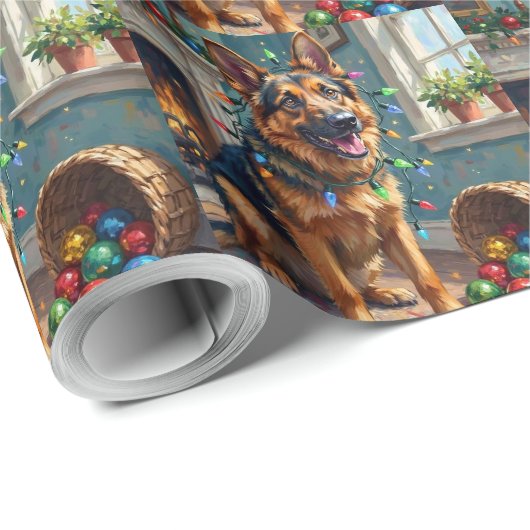 Funny German Shepherd Tangled in Christmas Lights Geschenkpapier (Rolleneckpunkt)