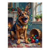 Funny German Shepherd Tangled in Christmas Lights Poster (Vorderseite)