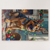 Funny German Shepherd Tangled in Christmas Lights Puzzle (Horizontal)