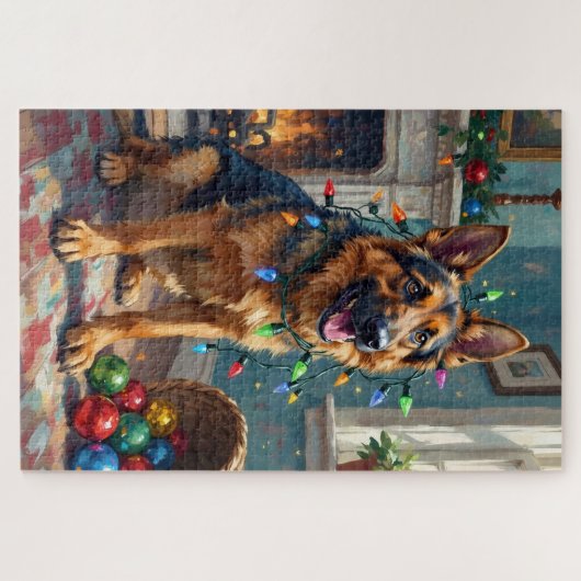 Funny German Shepherd Tangled in Christmas Lights Puzzle (Horizontal)