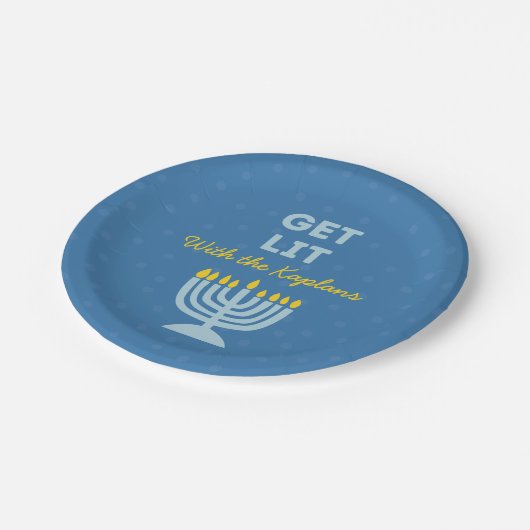 Funny "Get Lit" Chic Personalisiert Menorah Hanukk Pappteller (Schrägansicht)