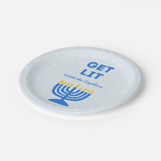 Funny "Get Lit" Chic Personalisiert Menorah Hanukk Pappteller (Schrägansicht)