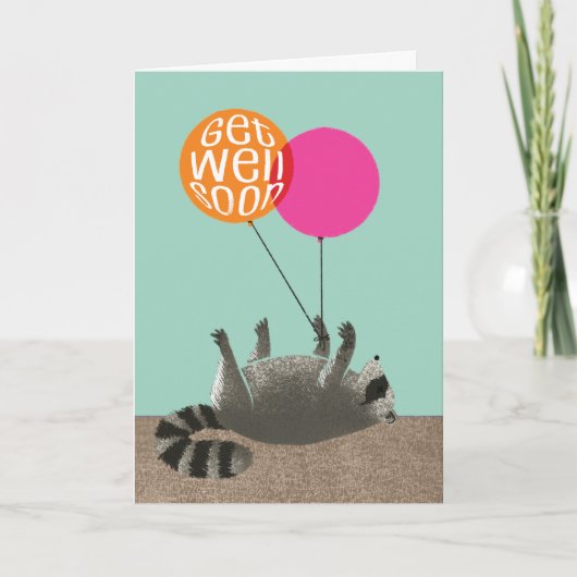 Funny Get Well bald Raccoon Balloons Karte (Vorderseite)