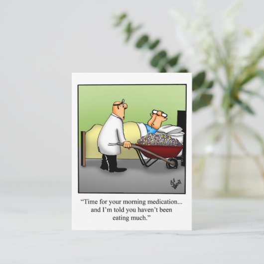 Funny Get Well Postcard "Morning Mediation" Postkarte (Stehend Vorderseite)