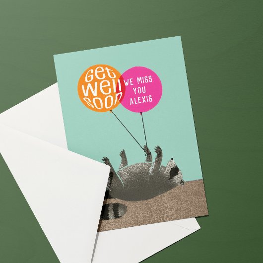 Funny Get Well Raccoon Balloons Karte