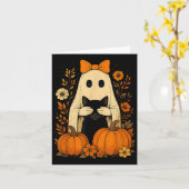 Funny Ghost Bow Holding Black Cat Fall Halloween Karte (Gelbe Blume)