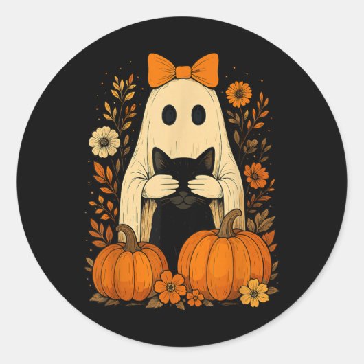 Funny Ghost Bow Holding Black Cat Fall Halloween Runder Aufkleber (Vorderseite)