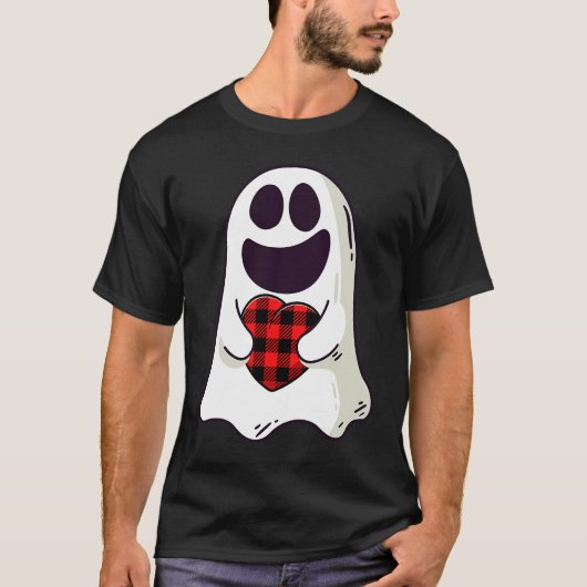 Funny Ghost Hugging Red Hearts Plaid buffalo Valen T-Shirt (Vorderseite)