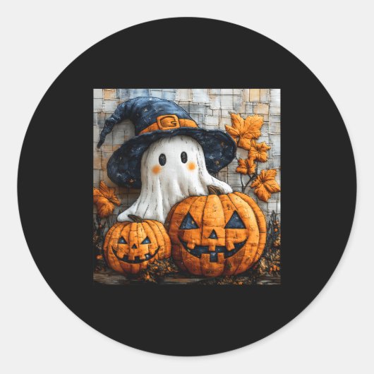 Funny Ghost Pumpkin Cute Halloween Patchwork Art Runder Aufkleber (Vorderseite)