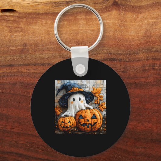 Funny Ghost Pumpkin Cute Halloween Patchwork Art Schlüsselanhänger (Vorderseite)