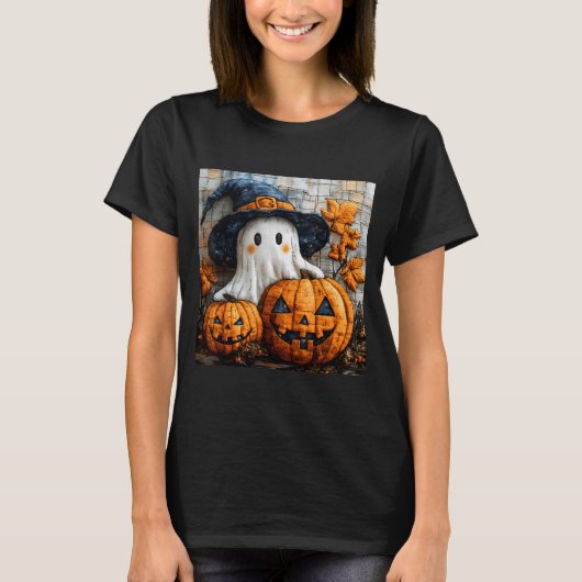 Funny Ghost Pumpkin Cute Halloween Patchwork Art  T-Shirt (Vorderseite)